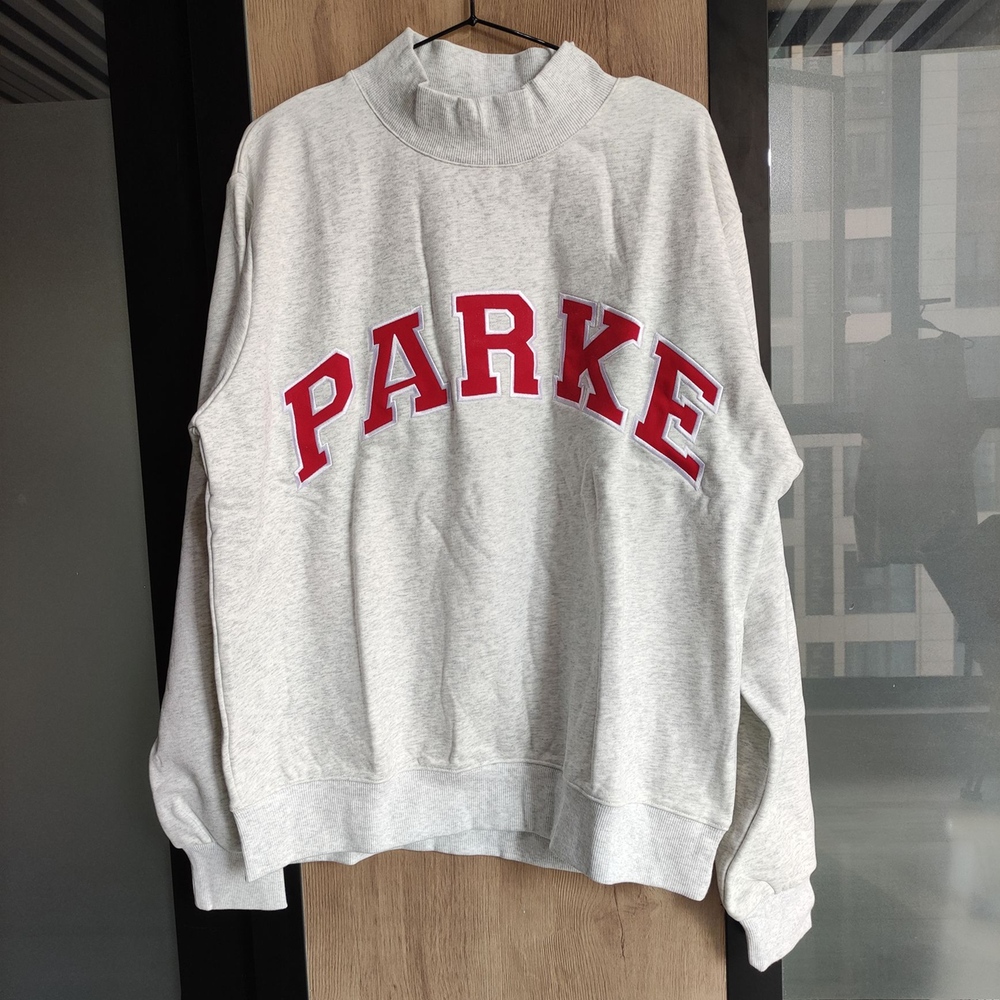 Parke Heather Gray Red Varsity Mock Neck Sweatshirt Collegiate Style